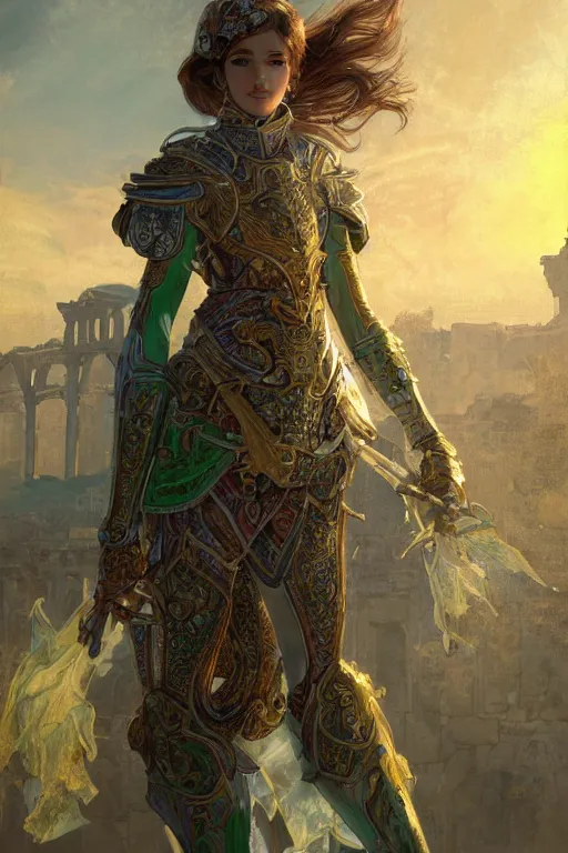 Image similar to portrait knights of Zodiac girl, metalic green and white reflected armor, in ruined Agora of Athens sunrise, ssci-fi, fantasy, intricate, very very beautiful, elegant, golden light, highly detailed, digital painting, artstation, concept art, smooth, sharp focus, illustration, art by tian zi and WLOP and alphonse mucha