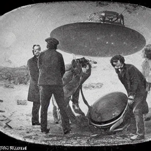 Image similar to daguerreotype of scientists examining a crashed ufo, hyper realistic,