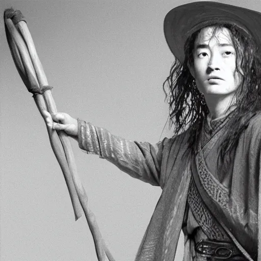 Image similar to a still from “ lord of the rings ” of a head and shoulders portrait of fei lung as a wizard with a hat and a wooden staff, photo by phil noto