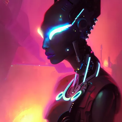 Prompt: a portrait of Adhel Bol as a beautiful cybernetic techno queen, black woman, cyberpunk concept art by pete mohrbacher and wlop and artgerm josan gonzalez and syd mead, digital art, highly detailed, intricate, sci-fi, sharp focus, Trending on Artstation