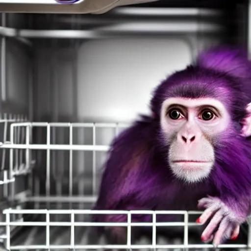Prompt: purple monkey sitting on top of a dishwasher
