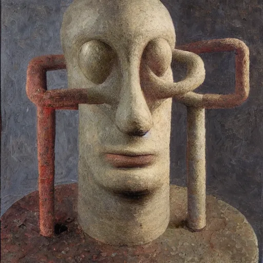 Image similar to a detailed, impasto painting by shaun tan and louise bourgeois of an abstract forgotten sculpture by ivan seal and the caretaker ( 1 9 0 0 )