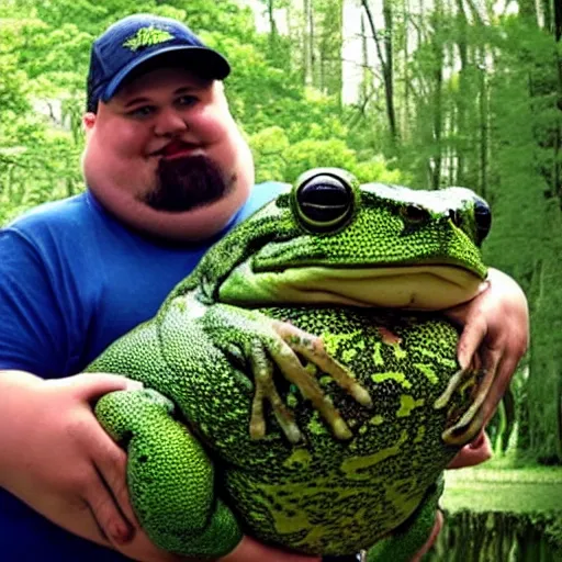 Image similar to fat man holding worlds largest fat frog which is screaming