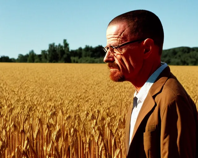 Image similar to walter white standing in front of gustavo fring in a wheat field, side view, 3 5 mm photograph, 8 k resolution, wide shot, sharp lens