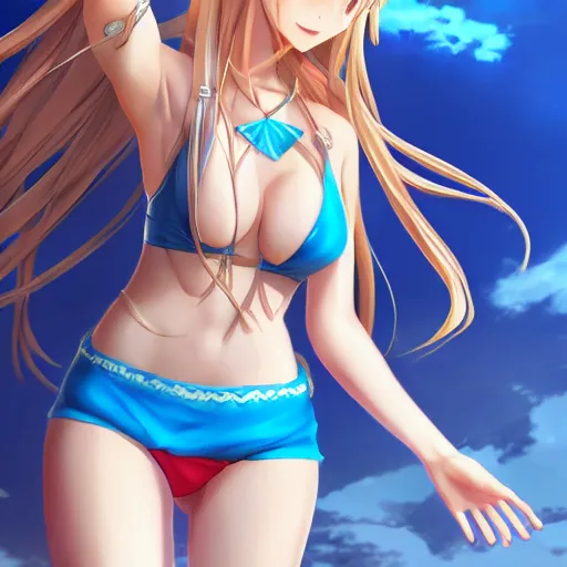 Image similar to a very beautiful mature yuuki asuna, full body, long wavy blond hair, sky blue eyes, full round face, bikini, miniskirt, front view, mid - shot, cute pose, highly detailed, cinematic wallpaper by stanley artgerm lau