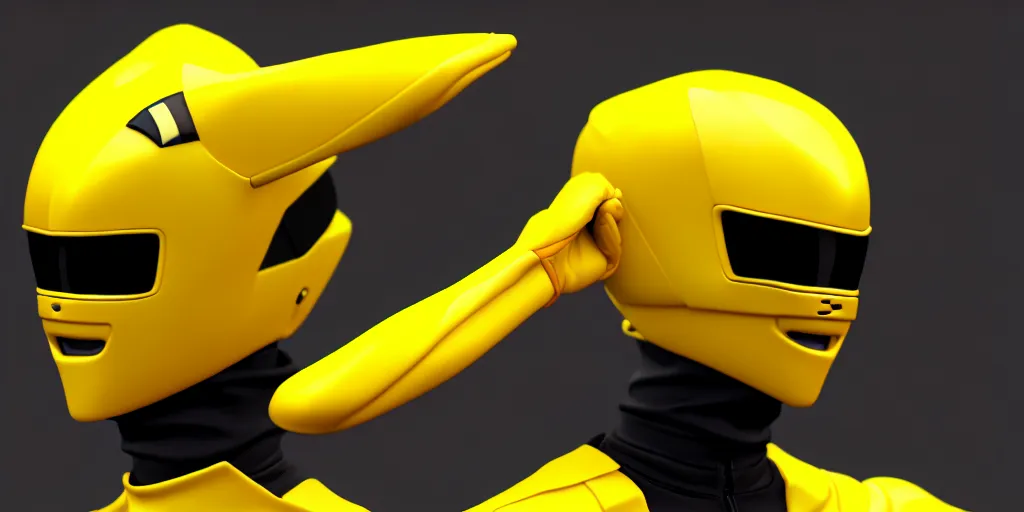 Prompt: symmetry!! portriat, a single yellow ranger, head and torso, artstation, art by murata, art by oda echiiro, lightning helmet, 3 d, jumpsuit, tracksuit, yellow, gloves, logo