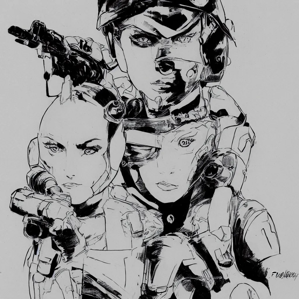 Image similar to beautiful portrait of a young futuristic female soldier, frank miller style, sketch