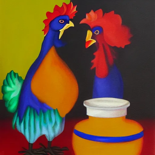 Image similar to the funky chicken accuses you of witchcraft, oil painting