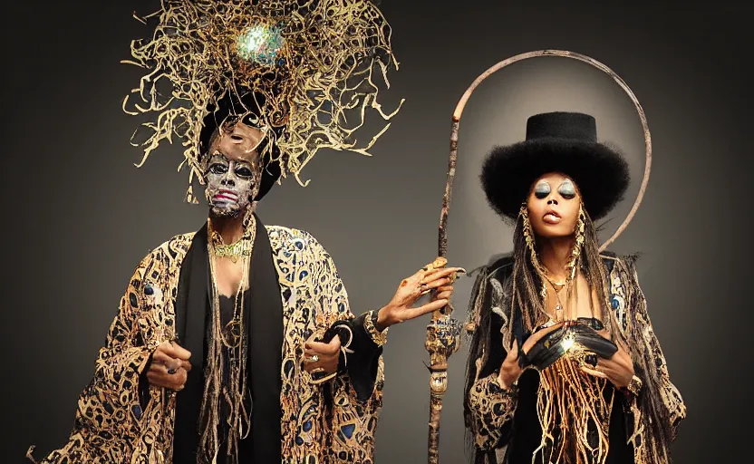 Image similar to “erykah badu as a voodoo queen wearing flowing black robes and a disco tophat holding a staff with a glowing crystal ball, by michalopoulos, by Laurie Lipton, Josip csoor, 8k resolution, realistic shadows, 3D, rendered in octane, volumetric lighting, hyper detailed, photorealistic, voodoo”