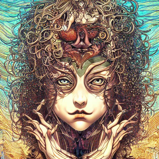 Prompt: portrait of crazy mermaid, symmetrical, by yoichi hatakenaka, masamune shirow, josan gonzales and dan mumford, ayami kojima, takato yamamoto, barclay shaw, karol bak, yukito kishiro