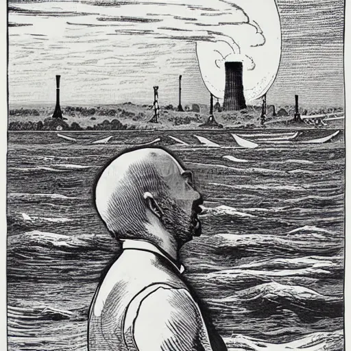 Prompt: 19th century wood-engraving of a man looking at a nuclear powerplant in the background, whole page illustration from Jules Verne book, art by Édouard Riou Jules Férat and Henri de Montaut, high quality, beautiful