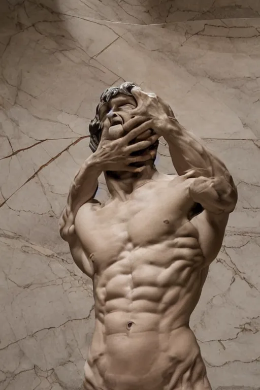 Prompt: epic and dramatic view of unfinished man sculpting himself statue made in tannish polished marble, realistic and ultra detailed by bernini, 8 k