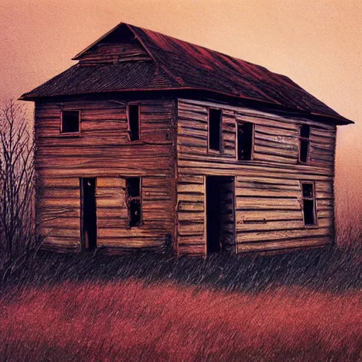 Image similar to an abandoned old rusty American house on a field in style of Zdislaw Beksinski