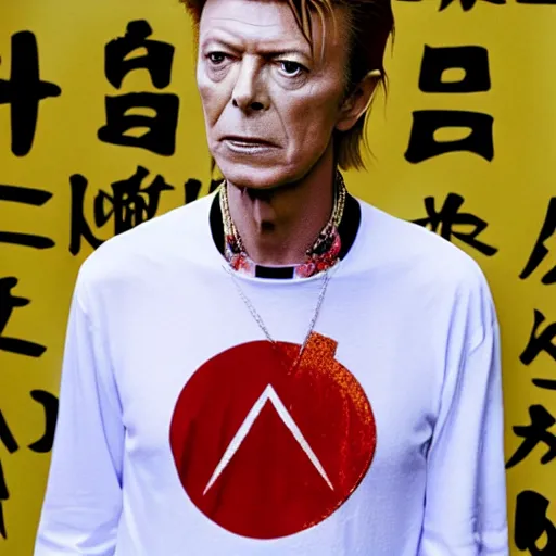 Image similar to david bowie wearing a yin - yang daoism dao symbol shirt, tarkofsky style