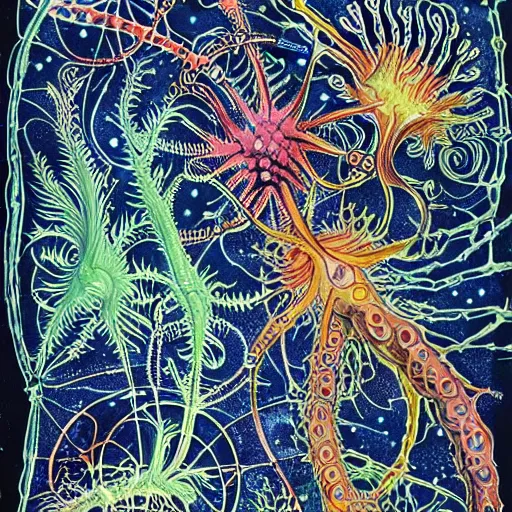 Image similar to colorful diagram of interdimensional dendrite in non - eucledian space by ernst haeckel and geoff darrow, black background, ink and watercolor