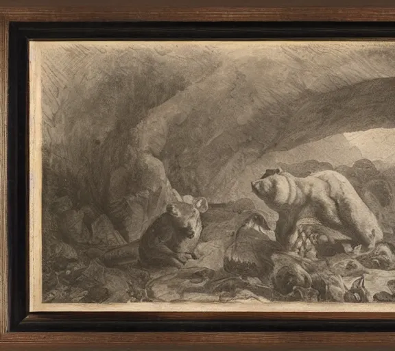 Image similar to viewer looking into dark cave and seeing a mother bear and her cubs sleeping, night time, artwork by Pieter Claesz, cross hatching, framed painting,