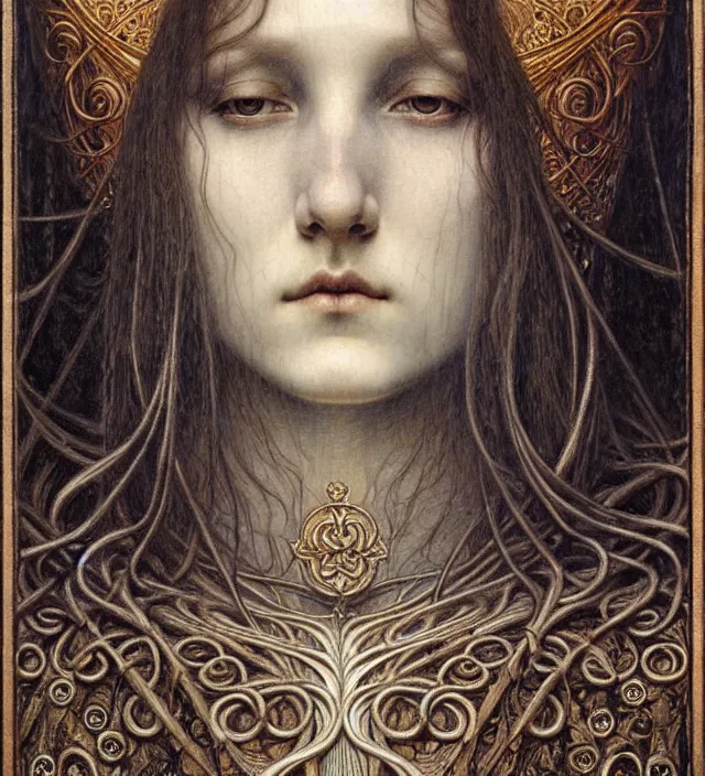 Image similar to detailed realistic beautiful young medieval queen face portrait by jean delville, gustave dore and marco mazzoni, art nouveau, symbolist, visionary, gothic, pre - raphaelite. horizontal symmetry