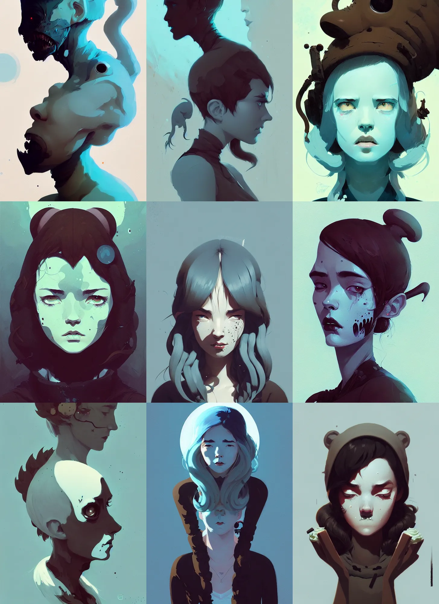 Prompt: highly detailed portrait of 🎂 creature, dark mood, by atey ghailan, by greg rutkowski, by greg tocchini, by james gilleard, by joe fenton, by kaethe butcher, gradient light blue, brown, blonde cream and white color scheme, grunge aesthetic