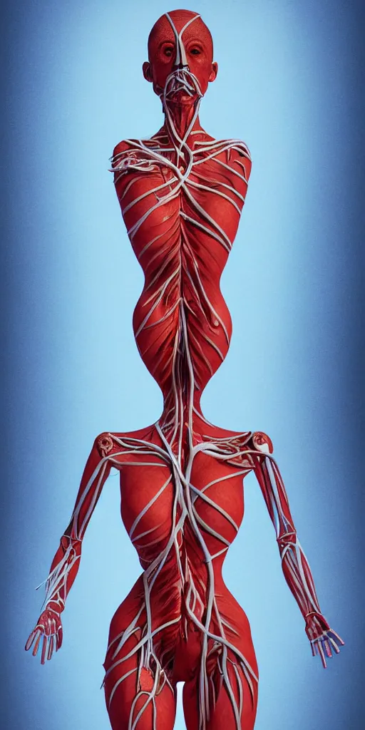 Image similar to poster design, full body anatomical model, 3 d photographic render of a deconstructed asymmetric human anatomical correct human body, in hoc signo vinces, waterfall, in the style of leonora carrington, gottfried helnwein, intricate composition, blue light by caravaggio, insanely quality, highly detailed, masterpiece, red light, artstation