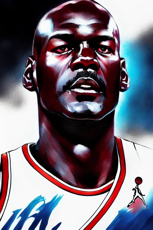 Image similar to michael jordan, manga cover art, detailed color portrait, artstation trending, 8 k, greg rutkowski