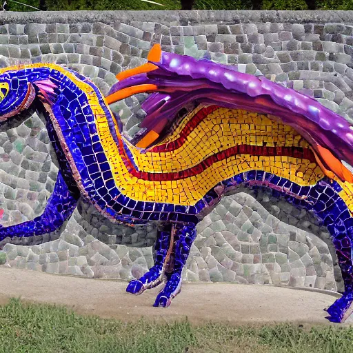 Image similar to mosaic sculpture of a alebrije chimera!!!, irregularly shaped mosaic tiles, hand glazed pottery shards, in the style of folk art, gallery photo