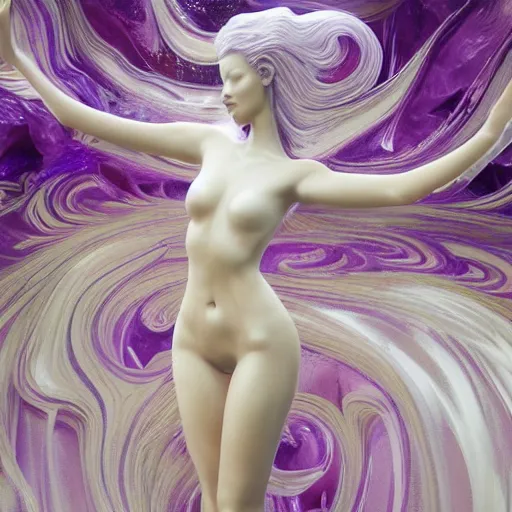 Image similar to 3 d pyro liquid simulation render, octane render, xparticles, abstract female bodies, intricate details, female body covered in white blanket, white carved abstract sculpture, amethyst mineral quartz, swirly curls, abstract white fluid, golden edges and fractals, wasili kandinski, artstation, render, cinema 4 d, art noveau fresco, liquid acrylic painting