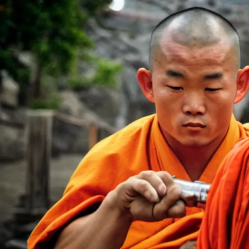 Prompt: a shaolin monk looking down the scope of a sniper rifle directly at the camera