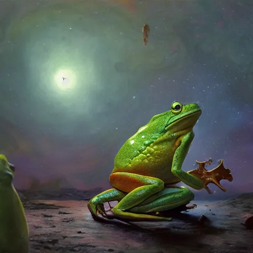 Image similar to long shot of an alien frog, by esao andrews, by m. w. kaluta, by james web telescope, ultra humorous beautiful oil painting, cinematic space scenery, small depth of field, depth perception, volumetric light, rich colors, 3 d octane render, 8 k, conceptart, hyperdetailed, hyperrealistic, trending on artstation
