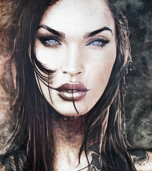 Image similar to megan fox face double exposure with beautiful mountains, tattoo sketch, hyper - realistic, in the style of matteo pasqualin, amazing detail, sharp, faded