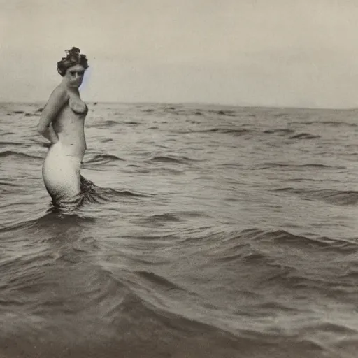 Image similar to early 1900s photograph of a mermaid in the sea