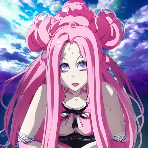 Image similar to stunningly beautiful omnipotent megalomaniacal anime goddess who looks like junko enoshima with symmetrical perfect face and porcelain skin, pink twintail hair and mesmerizing cyan eyes, looking down upon the viewer and taking control, mid view from below her feet, hyperdetailed, 2 d anime, 8 k