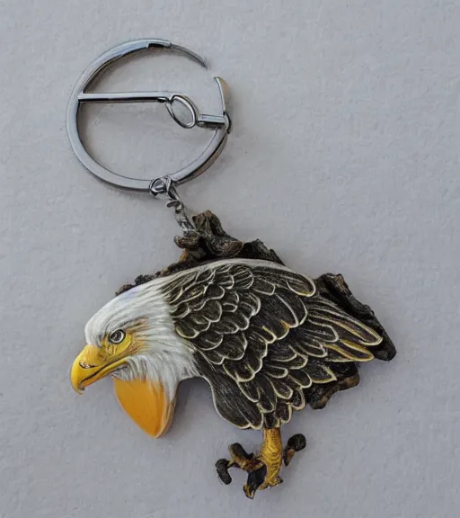 Image similar to realistic keychain of an eagle in the nest of a snowy pine tree