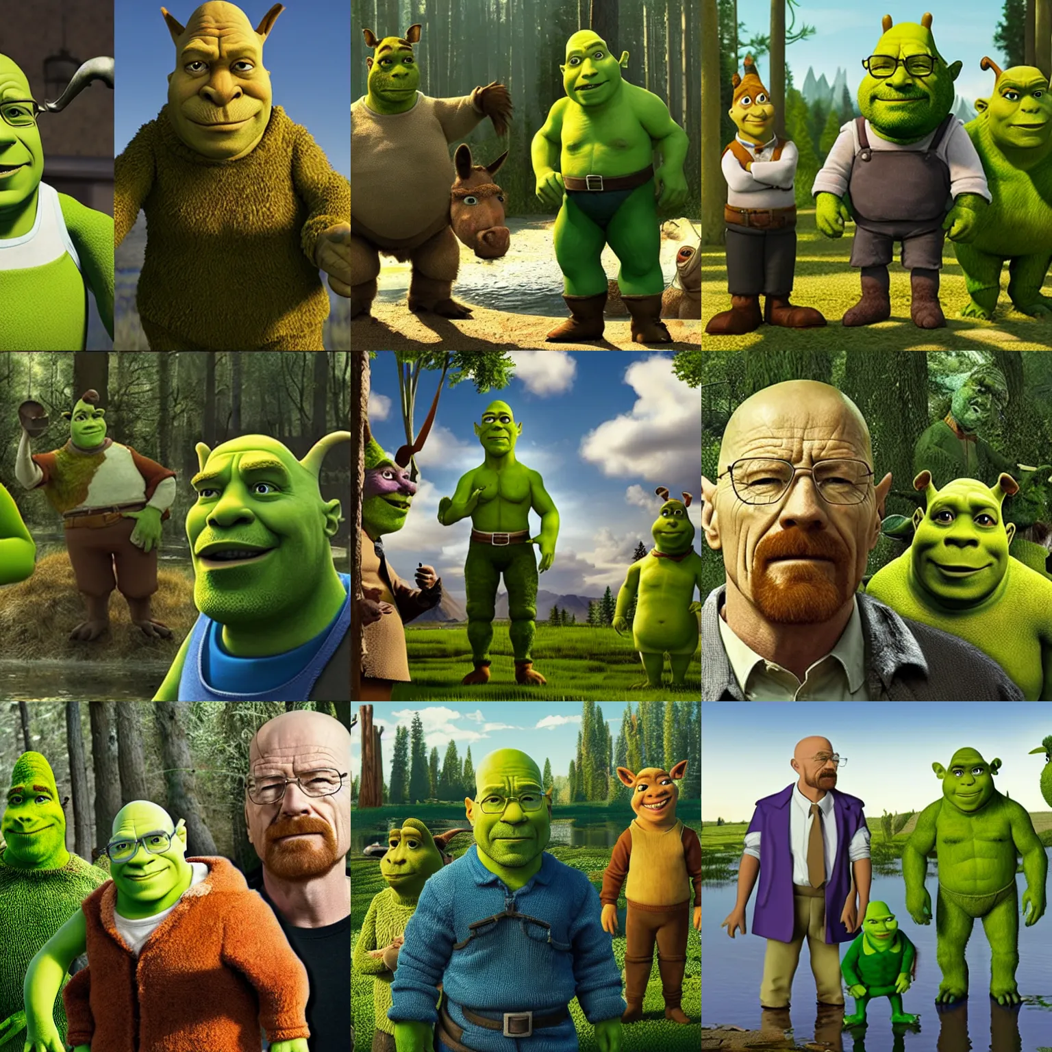 Prompt: Walter White hanging out with Shrek and Donkey in the swamp
