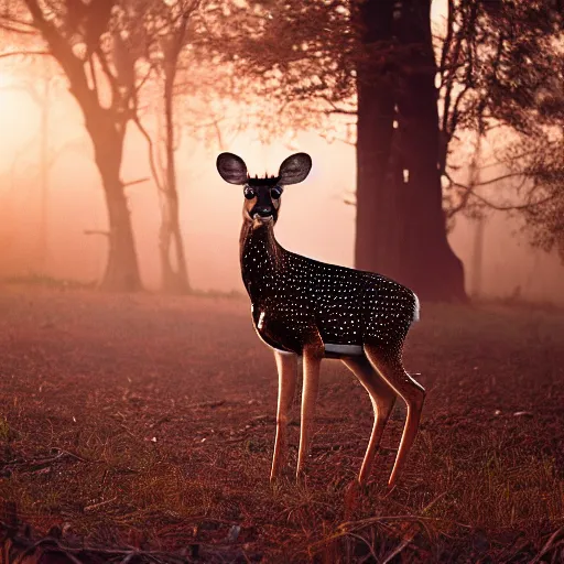 Image similar to a beautiful spotted deer in the woods lit by the morning sky, sunrise, chital, photorealistic, by annie leibovitz and steve mccurry, natural light, canon eos c 3 0 0, ƒ 1. 8, 3 5 mm, 8 k, medium - format print