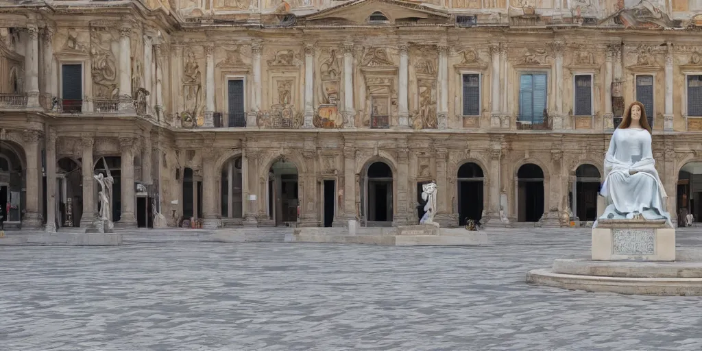 Image similar to A colorful marble sculpture of The Mona Lisa in the middle of an empty Italian piazza without people, midday, 4k photograph, sunny day, long shot