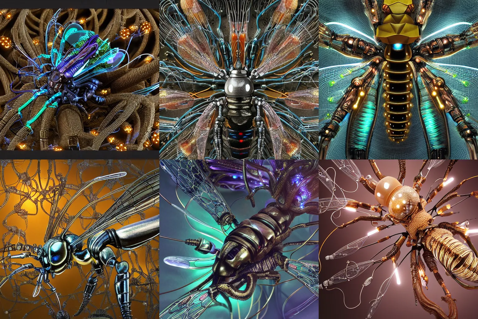 Prompt: 3D render of intricate wasp, biopunk cyborg wasp, shiny textured plastic shell, hinged titanium legs, wires, pinned joints, glowing LEDs, cables, antennae, circuitry, chips, capacitors, dramatic lighting, highly detailed digital painting by H.R. Giger and WLOP and Ernst Haeckel, background natural flower, foliage, octane engine render 8k HDR