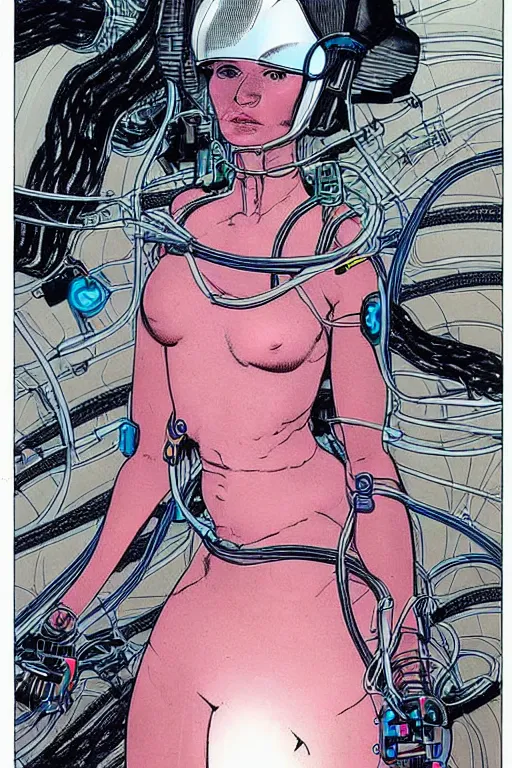 Image similar to A beautiful woman wearing a cybernetic helmet with many wires plugged into is and in her body by Moebius and Rahzzah