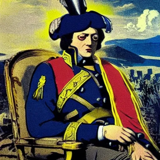 Prompt: a magnificent picture of Volodymyr Zelensky at war, dressed like Napoleon Bonaparte, his clothes are torn and dirty, he is sitting between dead corpses and weeping, holding a half burnt blue and yellow flag of Ukraine, in the style of Roy Lichtenstein