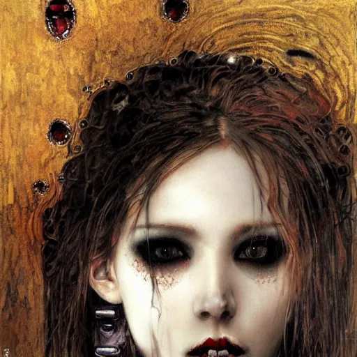 Image similar to stunning feminine vampire with fangs, intricate detail, klimt, royo, whealan,