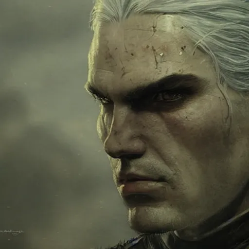 Prompt: geralt of rivia struck by grief, close up, portrait, sinister atmospheric lighting. highly detailed painting by greg rutkowski, anime style