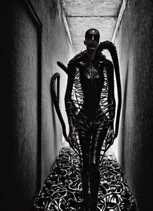 Image similar to walking down the catwalk, steven klein, show, stage, vogue photo, podium, fashion show photo, historical baroque dress dark, iris van herpen, beautiful woman, full body shot, masterpiece, intricate, biopunk, predator, guyver, highly detailed