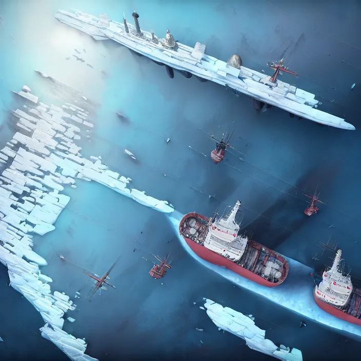 Image similar to A little bird's flight over an insanely huge icebreaker-fortress sailing across an icy cold ocean. Art by Finnian MacManus, Simon Stalenhag, Arthur Rackham. Masterpiece, cinematic, hyperdetailed, photorealistic, hyperrealism, octane rendering, 8k, aerial view.