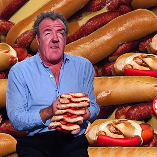 Prompt: jeremy clarkson crying in front of a mountain of hot dogs