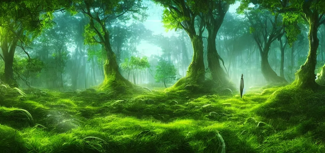 Image similar to beautiful glowing forest, white city far away, blue sky, alien round shape, green plants, futuristic, magical feeling, detailed, digital art