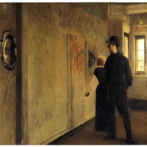 Image similar to a young man and a young woman solving an escape room puzzle, mysterious markings on the wall, by alfred stevens