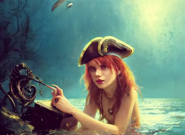 Image similar to full body picture of a pirate girl, looking at the treasure box, hard breathing, messy hair, very excited, coveted, sparkling eyes, magic and fantasy, whale monsters, beautiful and aesthetic and attractive and detailed face, specular reflection, occlusion shadow, intricate, bokeh, masterpiece, by ilya kuvshinov and jeremy lipking and quentin mabille