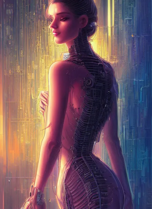 Prompt: beautiful young woman, gorgeous face, sad eyes, tears, bladerunner city landscape, cybernetic, wires, technology, vaporwave aesthetic, synthwave, cyberpunk, colorful, intricate, elegant, highly detailed, digital painting, artstation, concept art, smooth, sharp focus, illustration, art by artgerm and greg rutkowski and alphonse mucha