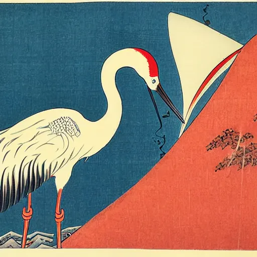 Image similar to 鶴 crane, in the style of hokusai, ukiyo-e