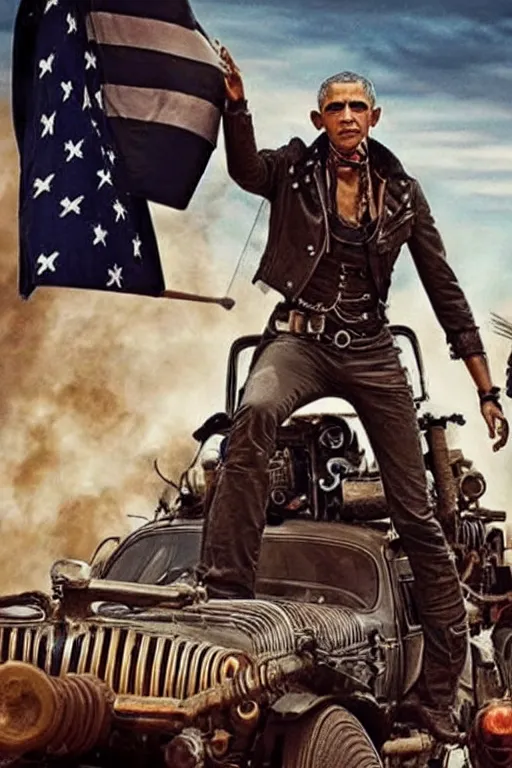 Prompt: steampunk obama in mad max fury road