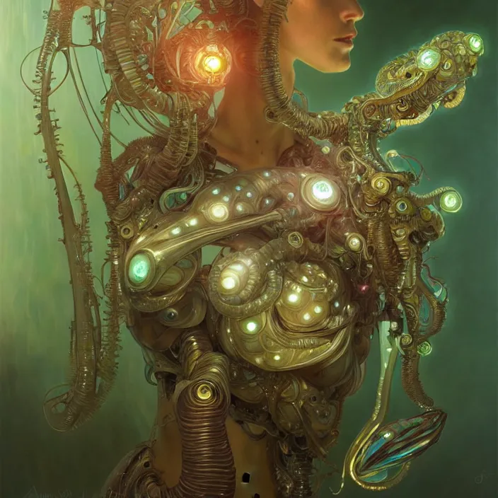 Image similar to organic cyborg, neon cuttle fish, diffuse lighting, fantasy, intricate, elegant, highly detailed, lifelike, photorealistic, digital painting, artstation, illustration, concept art, smooth, sharp focus, art by john collier and albert aublet and krenz cushart and artem demura and alphonse mucha